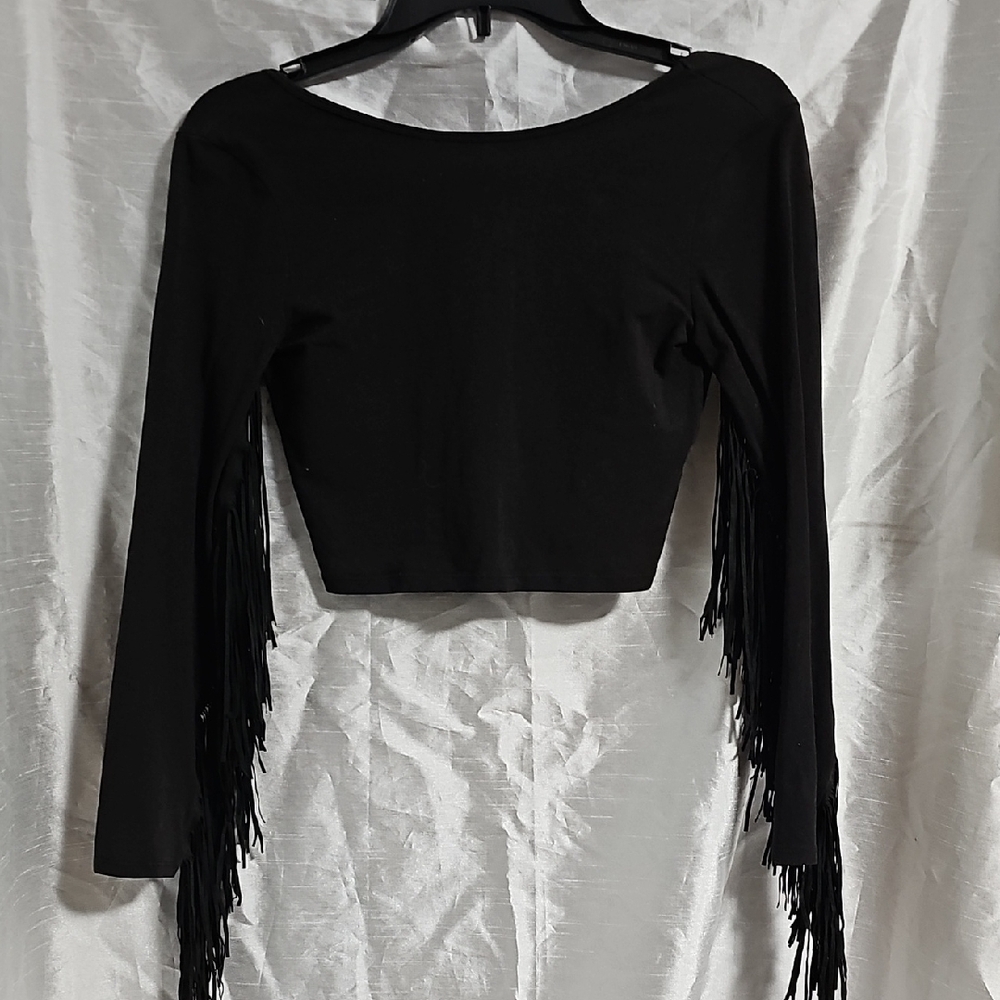 Zara Black Long Sleeve Fringe Crop Top